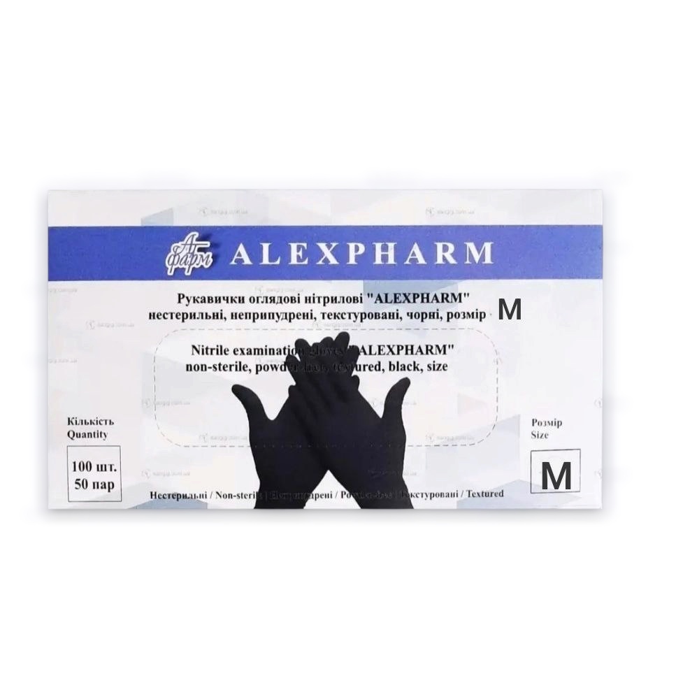 Photoroom_20260402_225501 Рукавиці нітрилові ALEXPHARM, щільність 3,5г, неопудрені чорні, розмір М, 1уп/100шт - Зображення 1